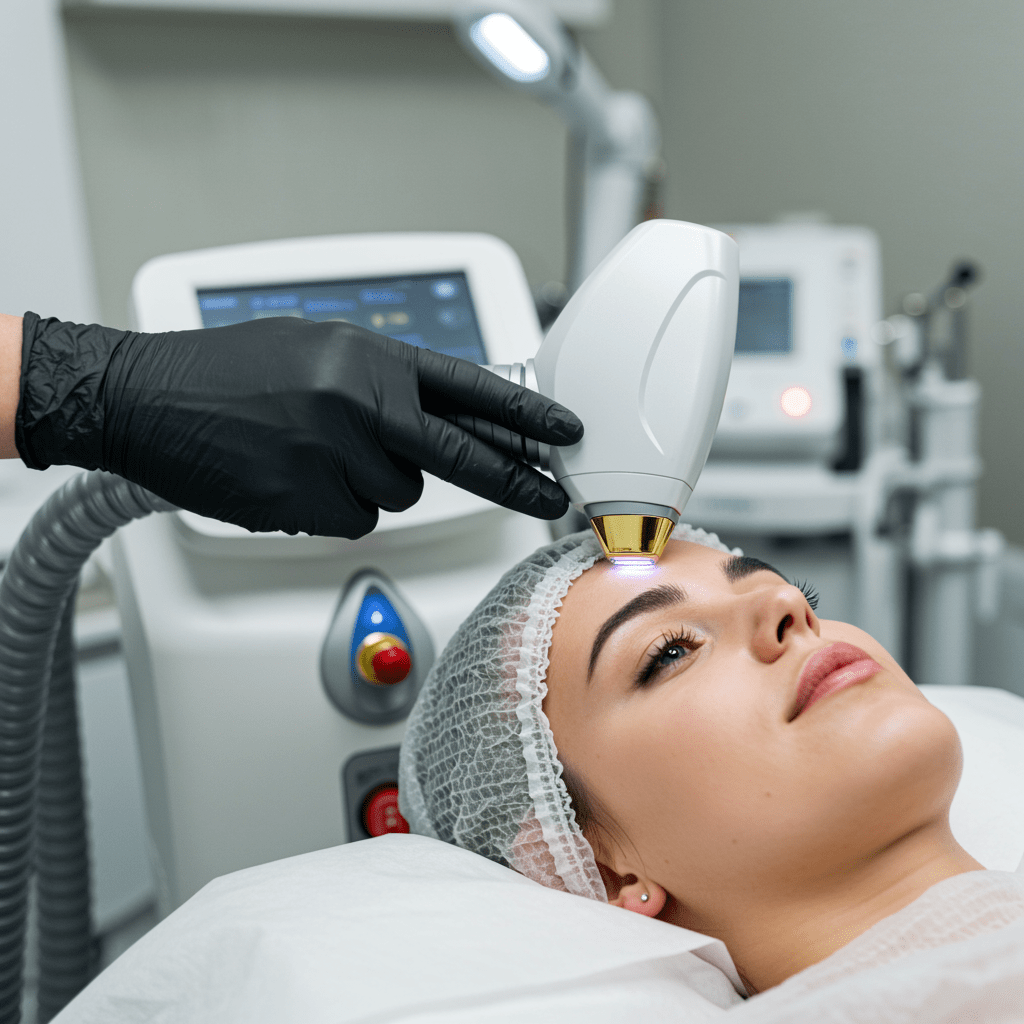 : Esthetician performing a laser skin resurfacing treatment in a modern clinic.