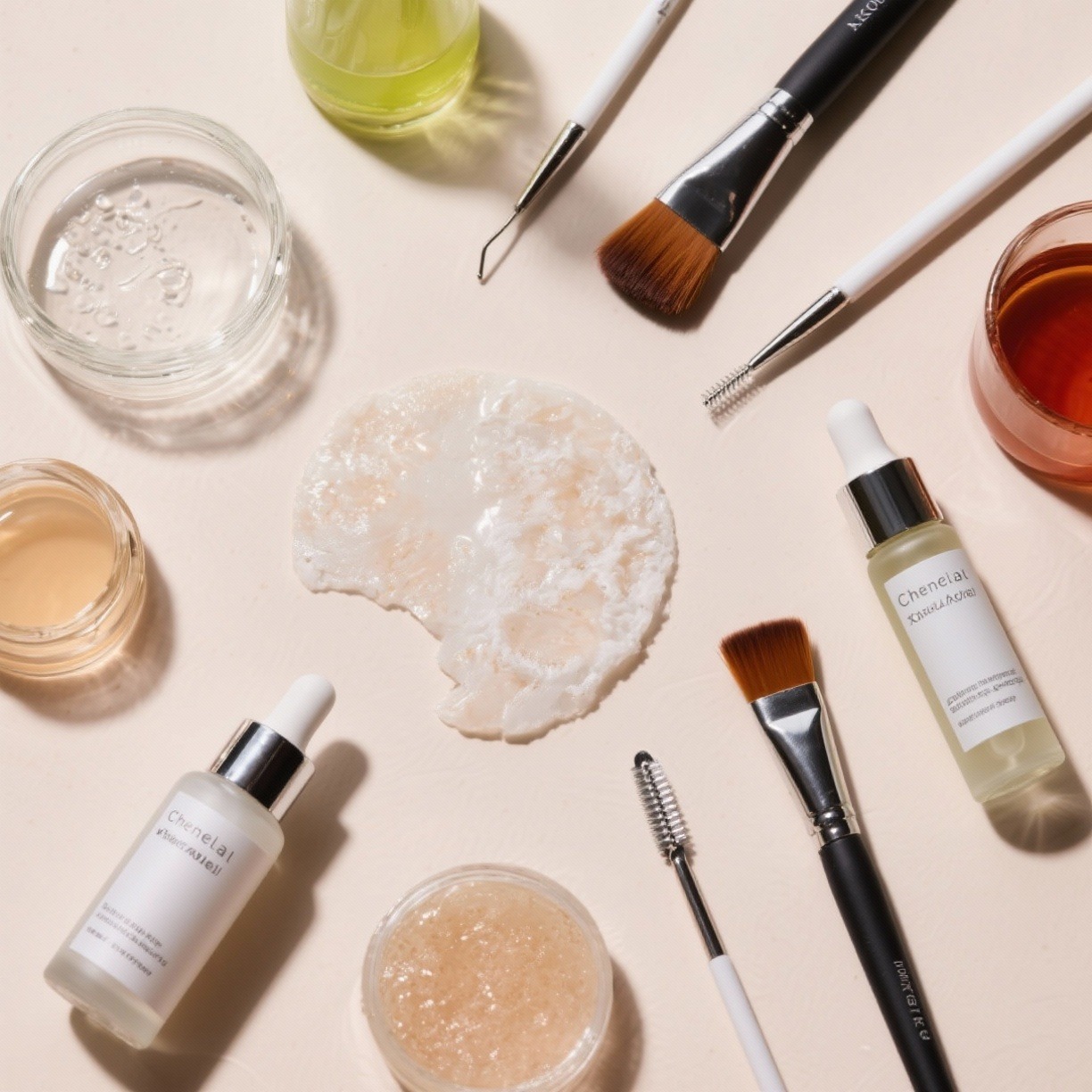 Flat lay of chemical peel tools and ingredients like acids, brushes, and serums.