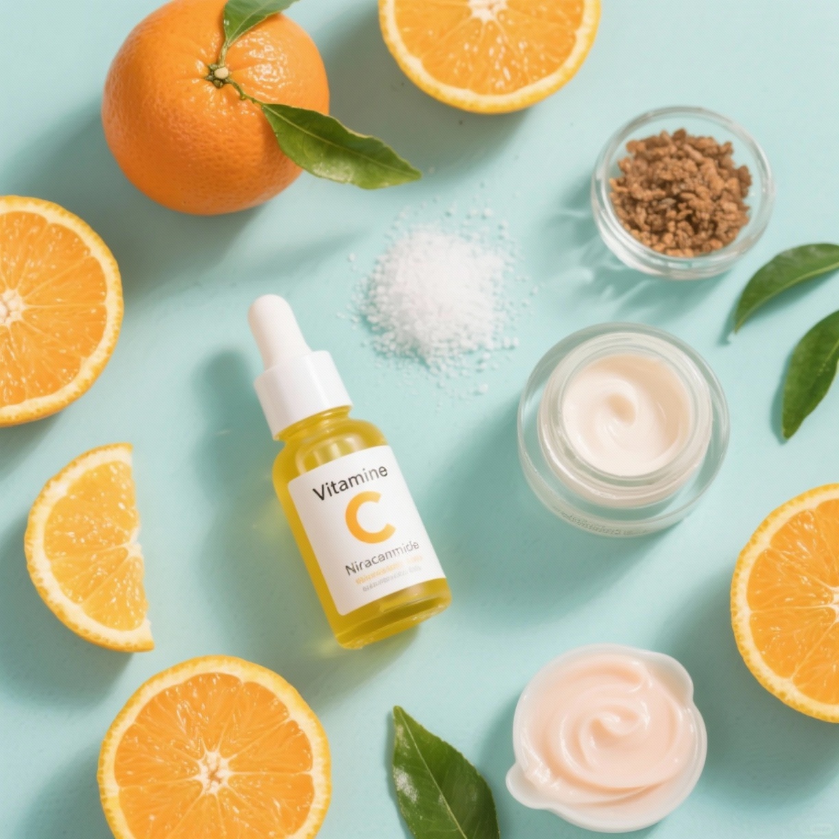 Flat lay of vitamin C serum, citrus fruits, niacinamide, and skin-brightening ingredients.