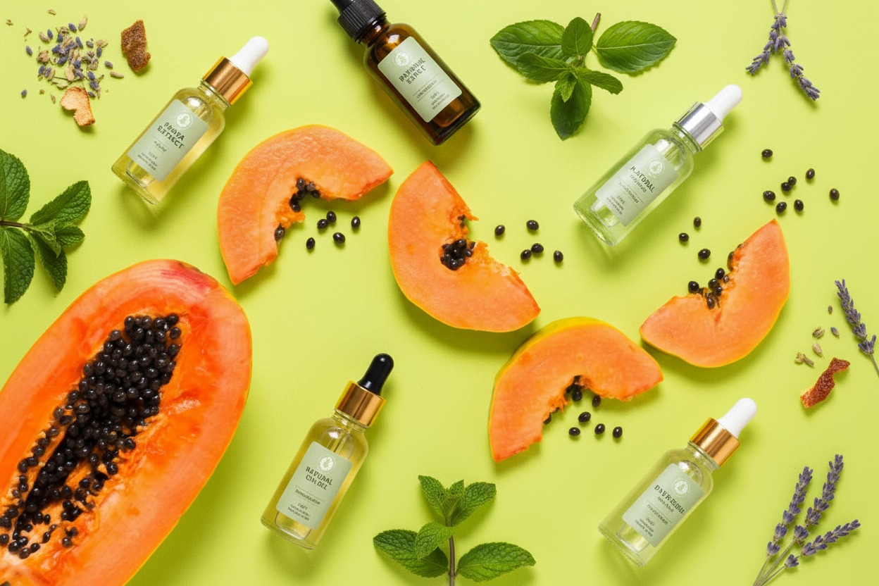 Flat lay of natural skincare ingredients like papaya slices, essential oil bottles, and fresh herbs.