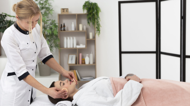 Aesthetician applying facial treatment to a relaxed woman in a spa setting.