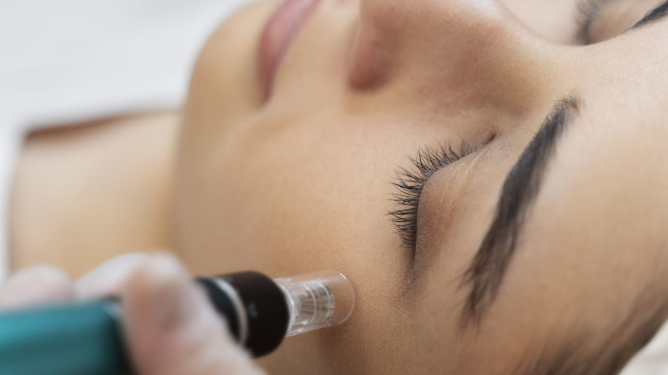 A skincare specialist performing a microneedling procedure on a client's face.