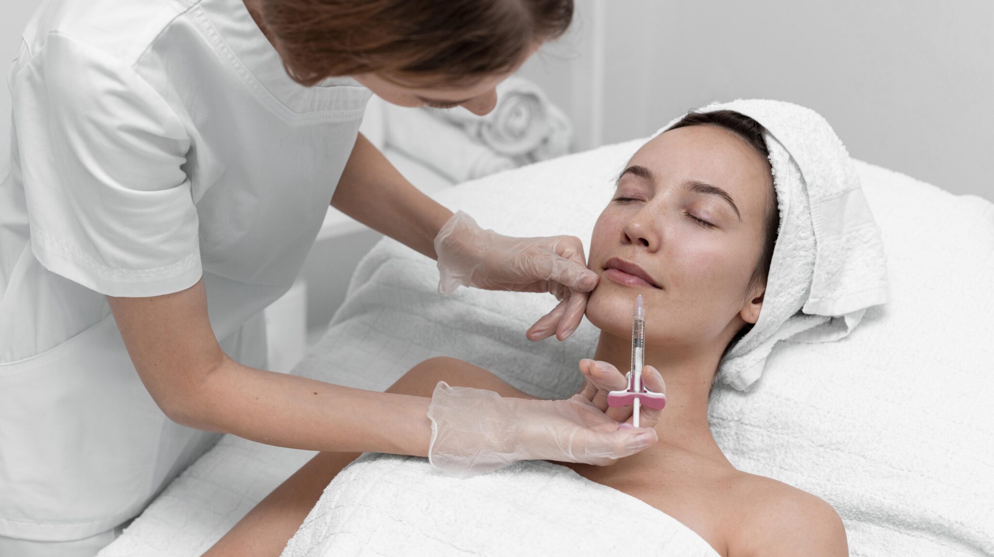 Close-up of facial contouring treatment using microcannula injection technique at Reveal Clinics Riyadh.
