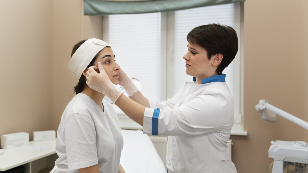 Aesthetician consulting a patient about glowing skin treatments at Reveal Clinics Riyadh.