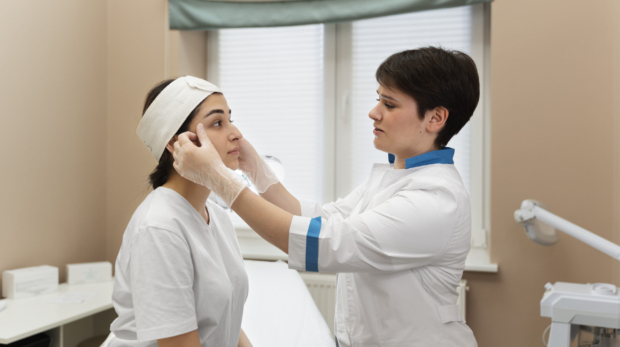 Aesthetician consulting a patient about glowing skin treatments at Reveal Clinics Riyadh.